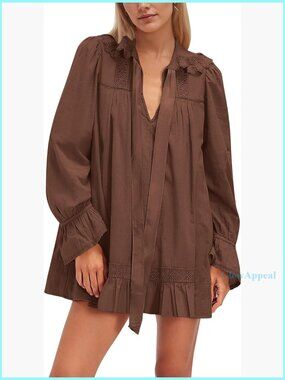 Long Sleeve Babydoll Dress V-Neck Lace Trim Puff Sleeve Tie Front Mini